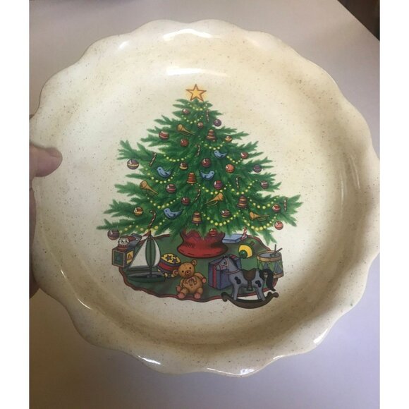 Vtg Christmas Tree With Toys Pie Tart Ceramic Dish Handmade 10" One Of A Kin - Picture 1 of 8